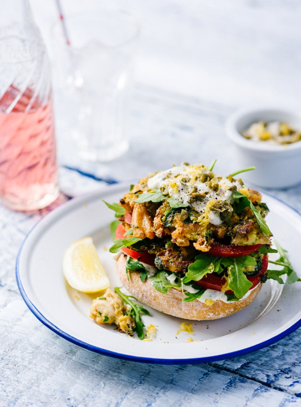 Mussel and zucchini burgers with lemon and caper mayo