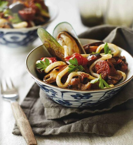 Mussel, chorizo and eggplant udon noodles