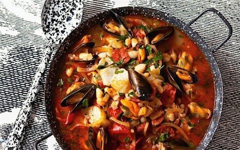 Mussel, chorizo, white bean and cider stew