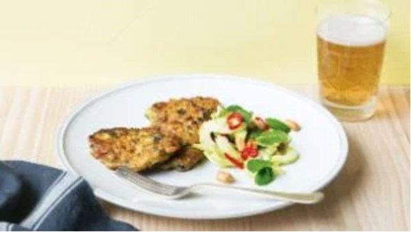 Mussel fritters with cucumber and mint salad