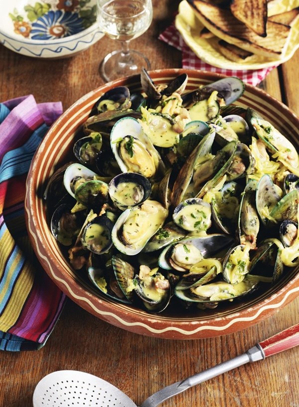 Mussels and clams in a white wine and tarragon broth