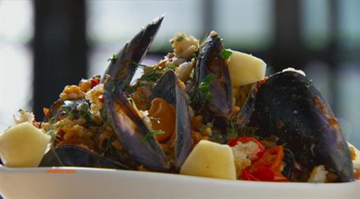 Mussels, chorizo, tomatoes and pangrattato
