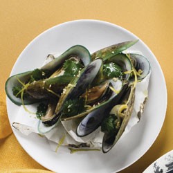 Mussels en papillote with preserved lemon vinaigrette