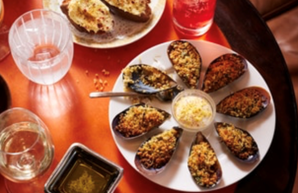 Mussels gratinate and preserved lemon mayonnaise