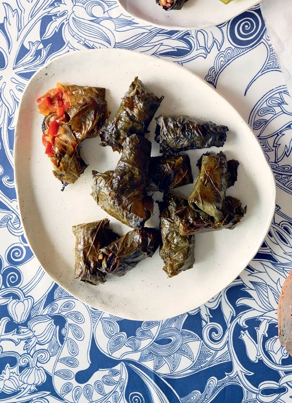 Mussels in grape leaves