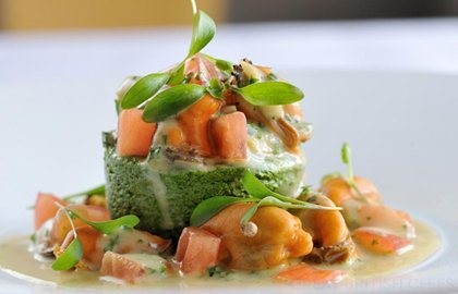 Mussels mouclade with spinach mousse