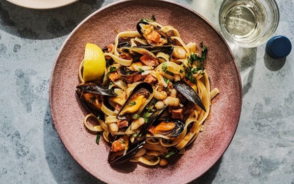 Mussels, 'nduja, white beans and fettuccine 