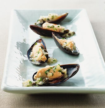 Mussels on the half shell with ravigote sauce