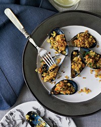 Mussels on the half shell with curried crumbs