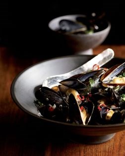 Mussels steamed with lemongrass, Thai basil, dried chile, and coconut juice 