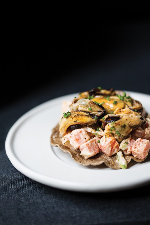 Mussels tostada with Russian salad and chipotle mayonnaise