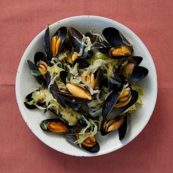 Mussels with cider butter and hispi cabbage