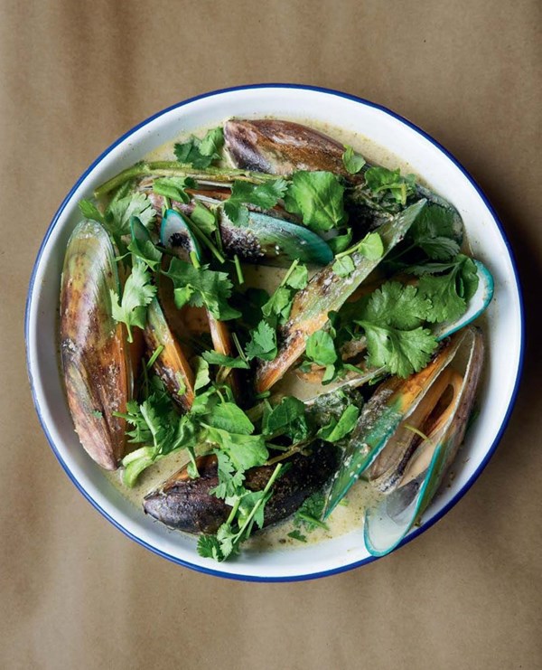 Mussels with fermented green chilli & coconut broth