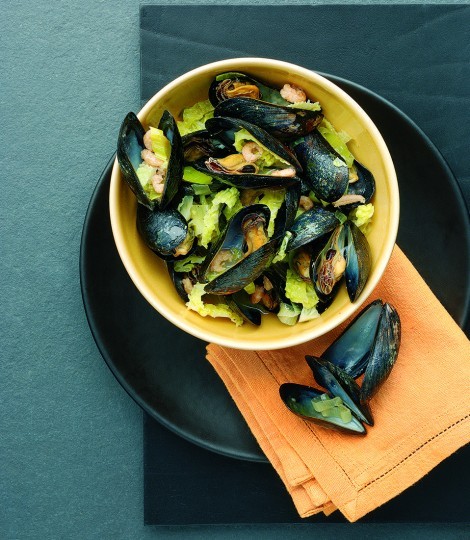 Mussels with Savoy cabbage and shrimps
