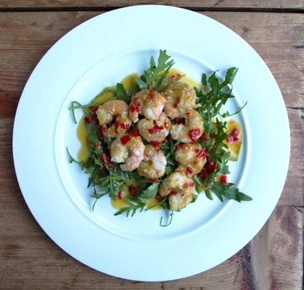 Mustard- and honey-glazed deep fried prawns
