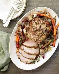 Mustard-and-lemon-glazed pork with roasted vegetables