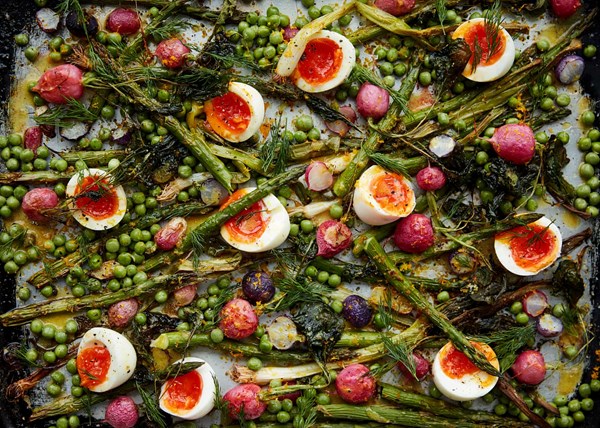 Mustard-and-orange-dressed spring traybake salad