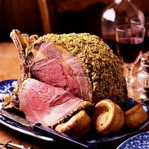 Mustard and thyme-crusted rib of beef