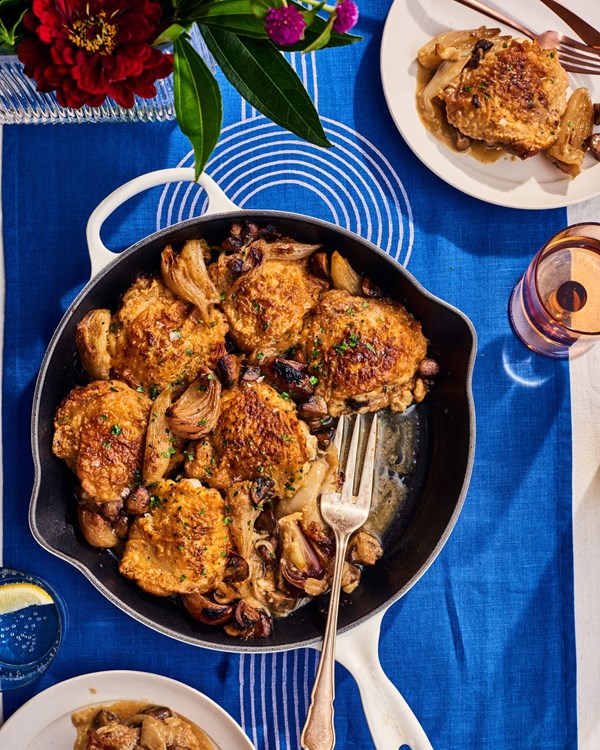 Mustard and wine-braised chicken thighs with mushrooms and shallots
