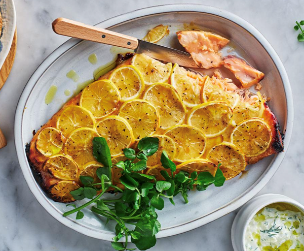 Mustard-baked salmon with kipflers and fennel tzatziki