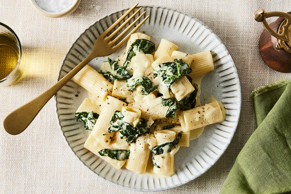 Mustard cream rigatoni with lots of kale