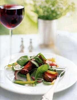 Mustard-crusted beef tenderloin with arugula, red onion, and wax bean salad