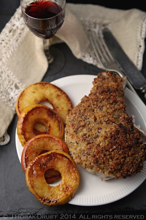 Mustard-crusted pork chops with caramelised apple rings