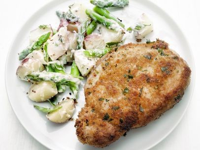 Mustard-crusted pork chops with asparagus-potato salad