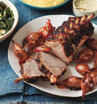 Mustard-crusted pork roast with shallots and wine sauce