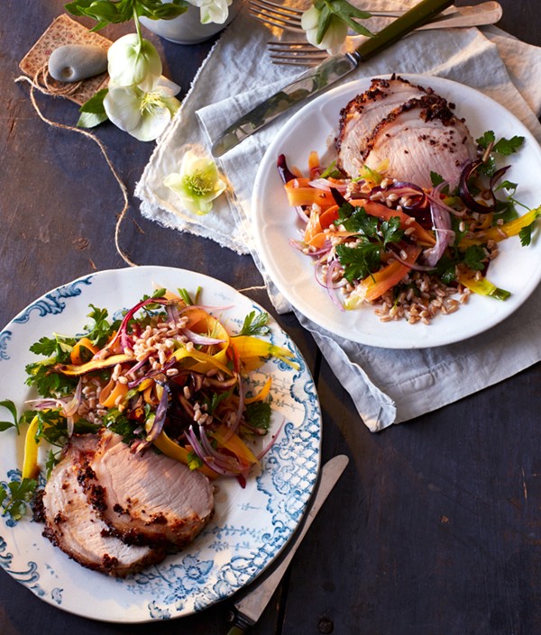 Mustard-crusted pork with farro and carrot salad