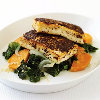 Mustard-crusted tofu with kale and sweet potato