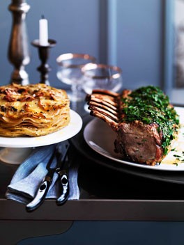 Mustard-crusted veal rack with potato and celeriac gratin