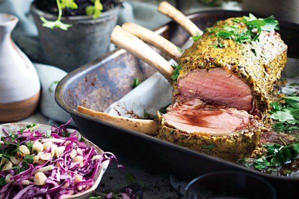 Mustard-crusted veal roast with red cabbage slaw