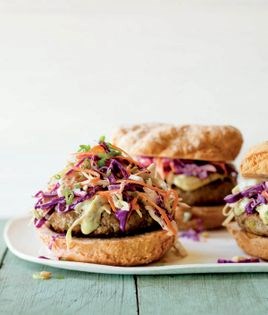 Mustard-dill turkey burgers with mustard-dill slaw