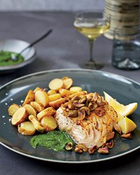 Mustard-glazed black cod with fingerlings and chive puree