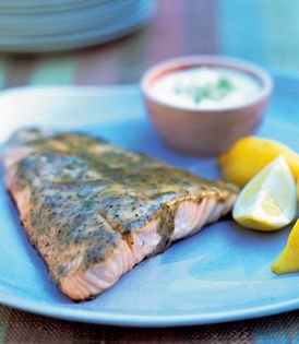 Mustard-glazed planked salmon with horseradish-dill sauce