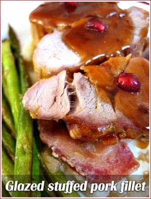 Mustard glazed pork fillet stuffed with apricots