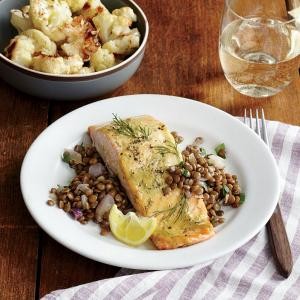 Mustard-glazed salmon fillets with roasted cauliflower