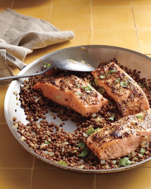 Mustard-glazed salmon with lentils