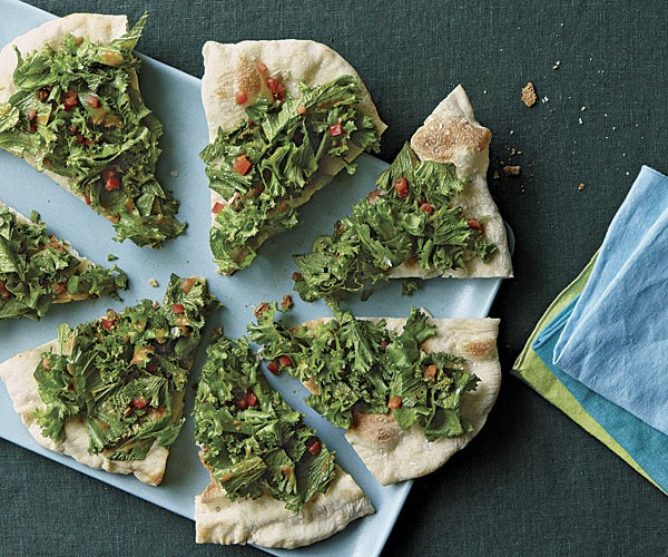 Mustard green flatbread with charred-tomato vinaigrette