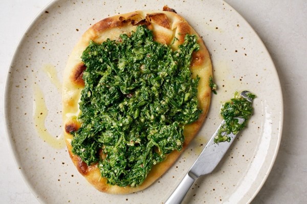Mustard greens + pecan pesto