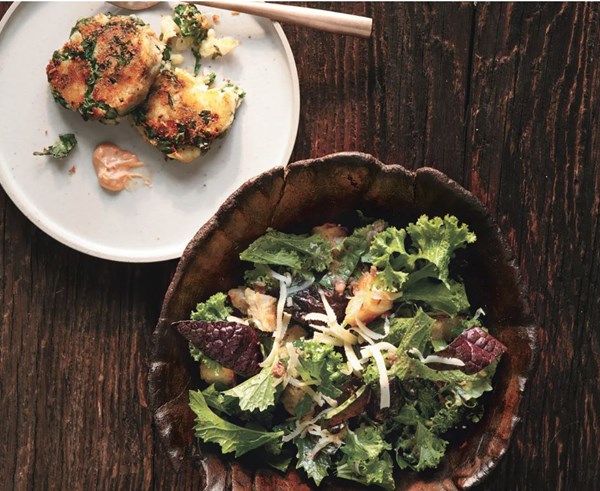 Mustard greens salad with anchovy croutons and Gruyère cheese