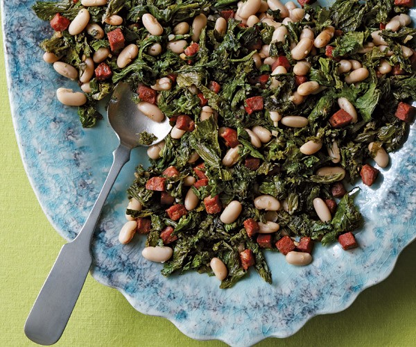 Mustard greens with chorizo and white beans