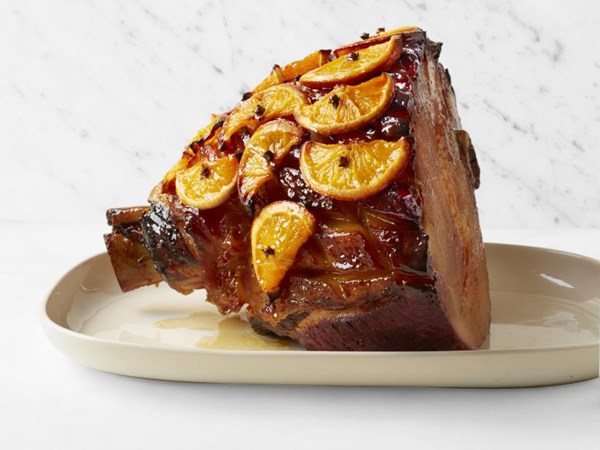 Mustard-orange glazed ham