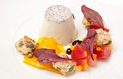 Mustard panna cotta with Heritage beetroot and goat's cheese crumble