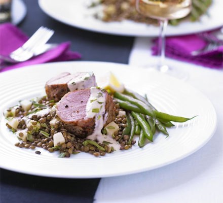 Mustard pork fillet with apple lentils and herb aioli