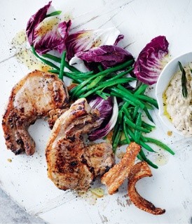 Mustard pork with crackling and butter-bean smash