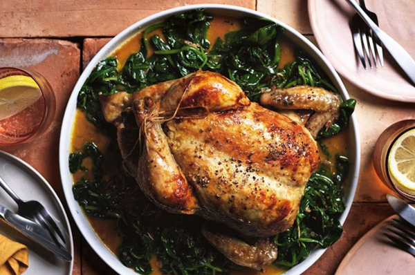 Mustard roast chicken with spiced spinach