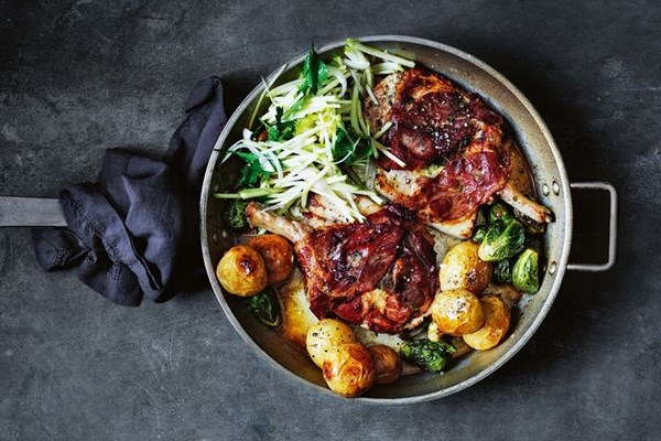 Mustard roast pork, potato, Brussels sprouts and sage