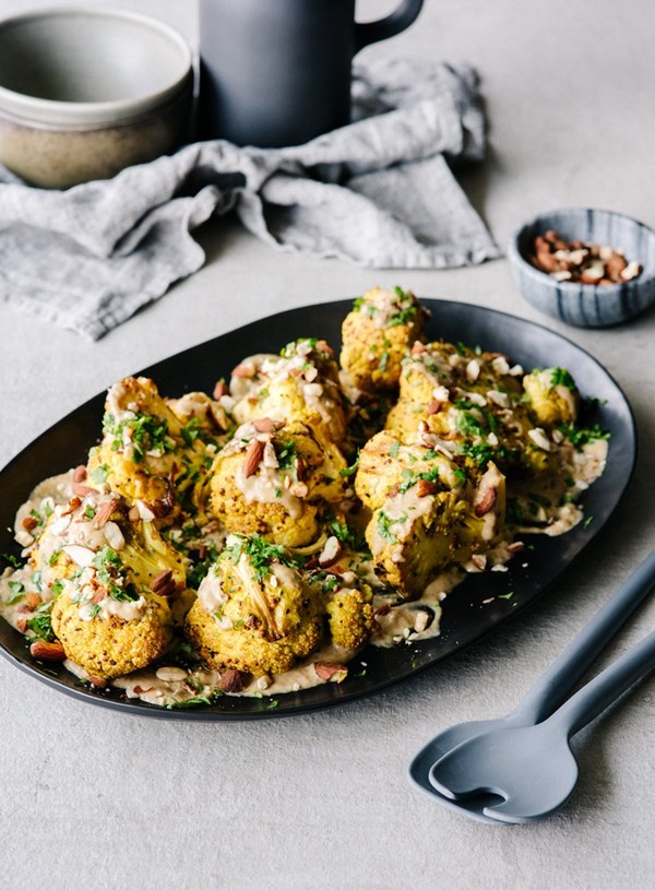 Mustard roasted cauliflower with almonds and tahini dressing